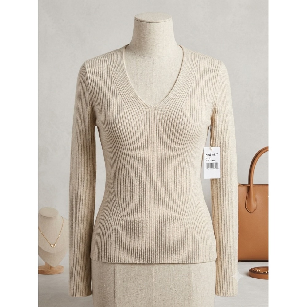Nine West Womens V-Neck Ribbed Metallic Knit Sweater Beige Large NW22S106RS2